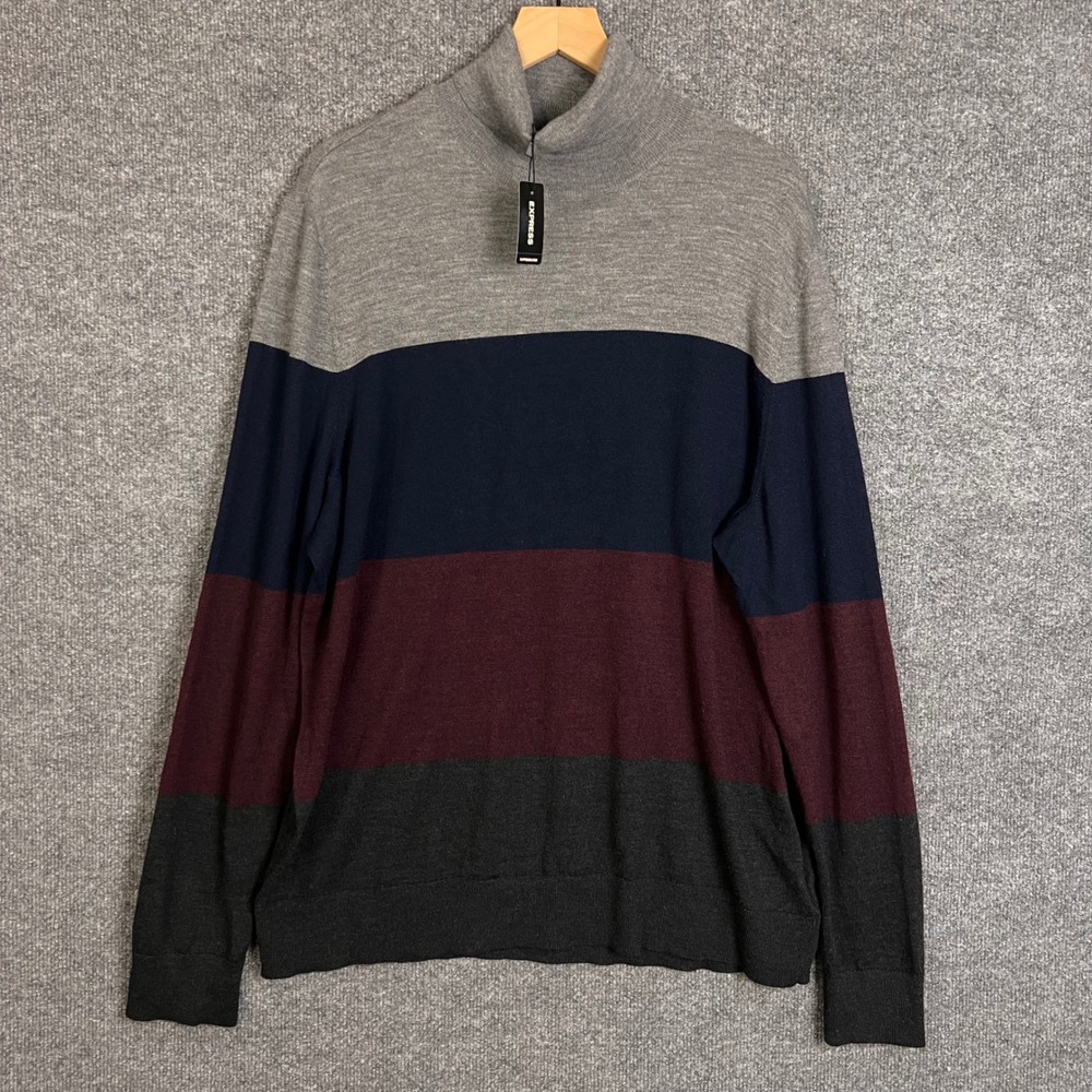 NEW Express Mock Neck Sweater Mens XXL Multicolor Merino Wool Blend Striped